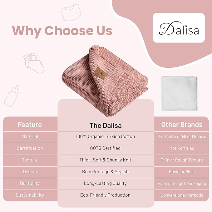 Dalisa 100% Organic Turkish Cotton Throw Blanket Harbor Mist– GOTS Certified, Cozy, with Reusable Cotton Gift Bag – Perfect for Couch, Bed, and Home Decor – Boho Vintage Knit Alina (Pink, 80x90)
