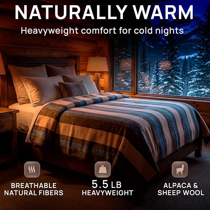 Desert Breeze Distributing Alpaca & Merino Sheep Wool Blanket Queen Size, 100% Wool Bed Blanket, Heavyweight Warm Winter Blanket for Extreme Cold, Woven in Peru, Earth Tones