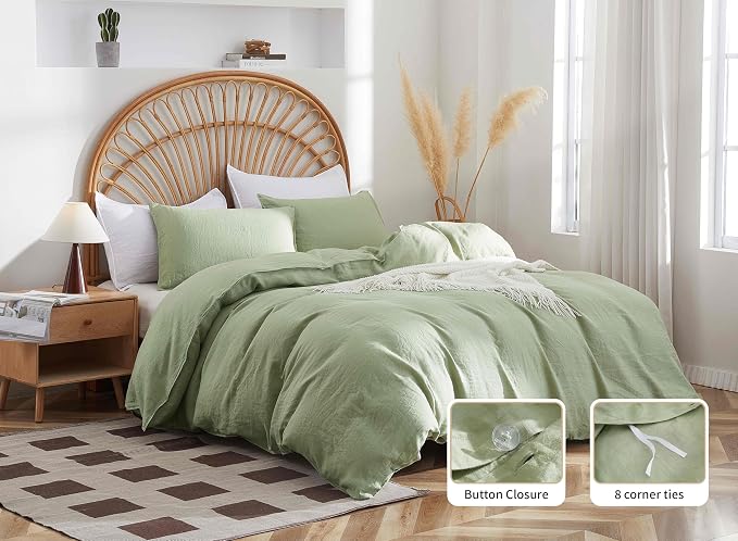 100% French Flax Linen Duvet Cover Set, King Size 104''x90'' 3 Pcs with 8 Corner Ties and Button Closure, Soft and Breathable for All Season(Green, King)