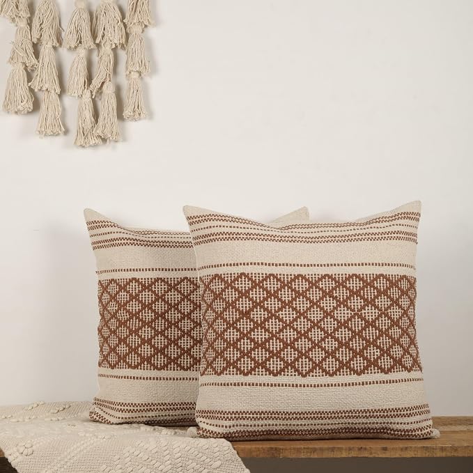Trade Star Handloomed Decorative Throw Pillow Cases Set of 2 Cotton Cushion Covers Farmhouse Pillow Covers Premium Quality Pillow Shams for Home Decor 18x18 inches