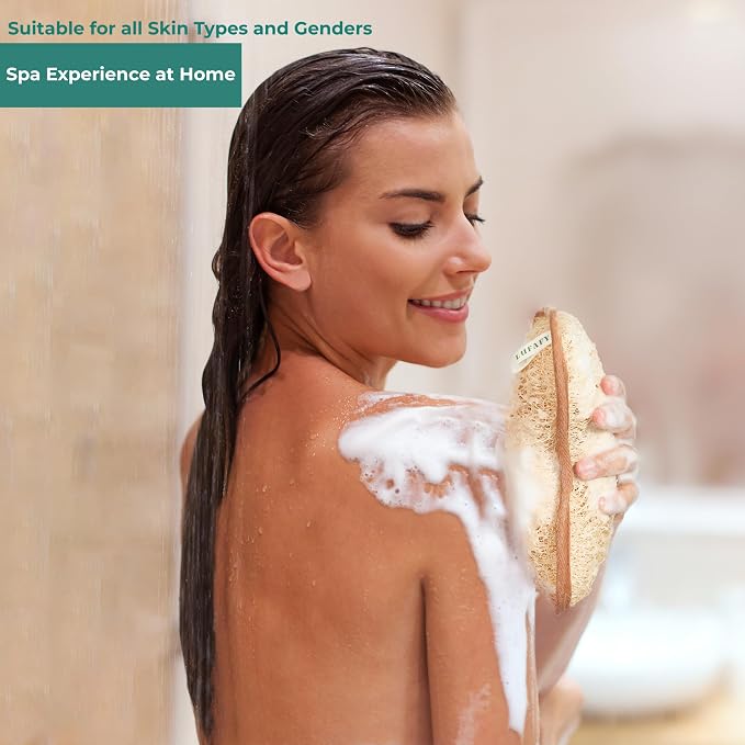 Large Premium Natural Dual Sided Loofah Sponge (3 - Pack), Exfoliating Body Scrubber, 100% Plant-Based Shower Luffa Sponge, Bath Loofah for Women and Men