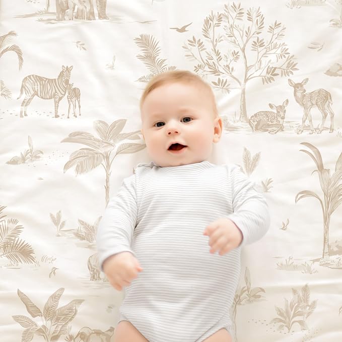 MakeMake Organics Organic Sheet Set Queen (4 Piece) GOTS Certified Organic Cotton Sheets 300 TC Sateen Soft Fitted Sheet Flat Sheet Pillow Cases Toddler Kids (Queen, Safari)
