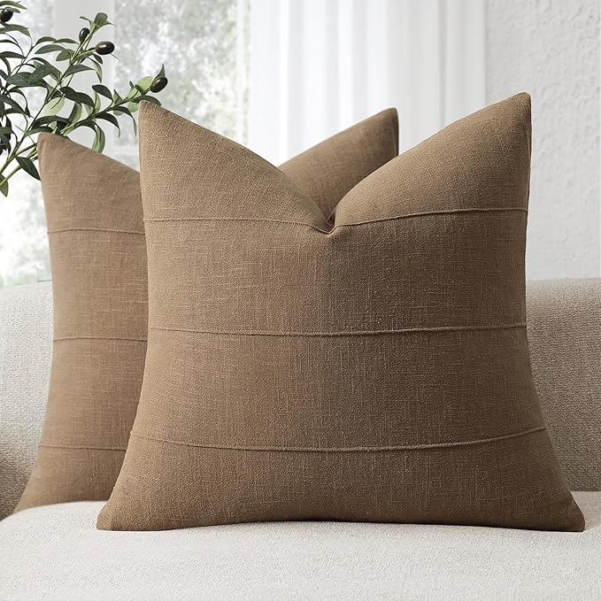 ZWJD Decorative Linen Throw Pillow Covers 18x18 Set of 2 Solid Handcrafted Striped Cushion Covers for Bed Soft Modern Farmhouse Neutral Pillowcase for Couch Bedroom Living Room Home Decor(Coco Brown)