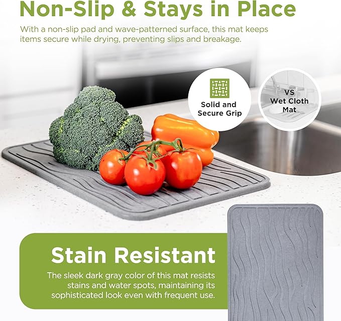 Stone Dish Drying Mat for Kitchen Counter - Super Absorbent, Fast Drying Diatomaceous Earth, Prevents Water Build-Up, Non-Slip & Heat Resistant, 15.75" X 11.75", Dark Gray