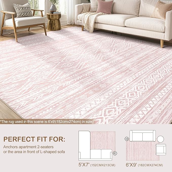 Tortania Area Rug Living Room Rugs- 5x7 Washable Large Soft Neutral Boho Moroccan Bohemian Farmhouse Rug Indoor Floor Carpet for Bedroom Under Dining Table Home Office Decor - Pink