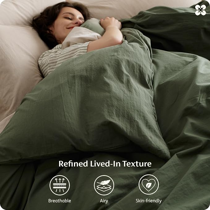 Bedsure Duvet Cover King Size - 100% Washed Cotton, Linen-Like Minimalist Bedding - PureWoven Plain Soft Comforter Cover for All Seasons, 1 Duvet Cover Only (Olive Green, 104" x 90")