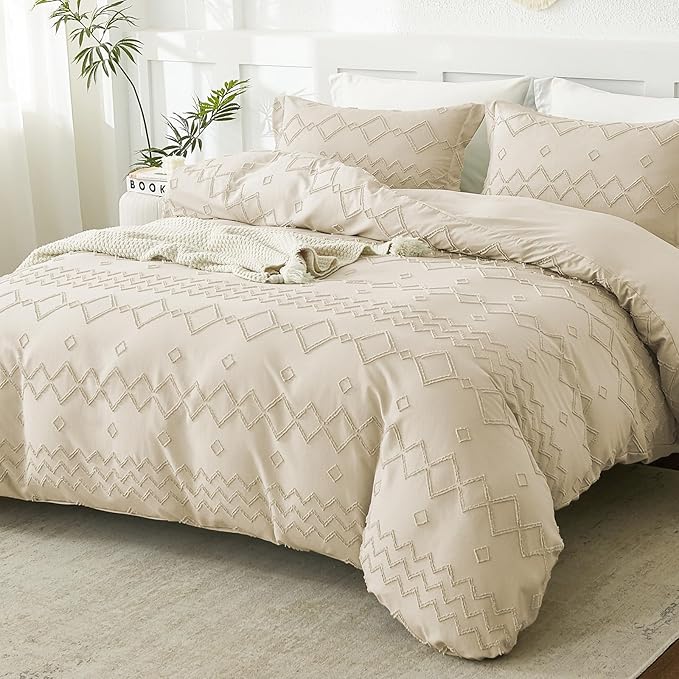 EMME Boho Duvet Cover Queen Size Beige - 3 Pieces Soft & Breathable Tufted Boho Shabby Chic Embroidery Bedding for All Seasons, 1 Duvet Cover with 2 Pillow Shams & Zipper Closure (Beige, Queen)