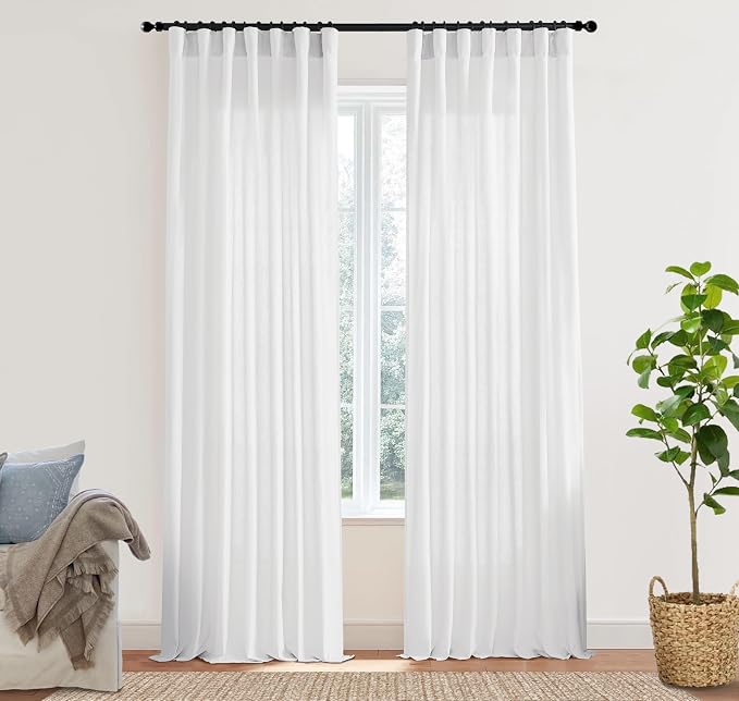 XTMYI White Curtains 96 Inches Long for Living Room Pleated with Heading Tape Hooks Solid Linen Light Filtering Semi Sheer Lightweight Curtains for Bedroom 96 Length 8FT Single One Pair Set