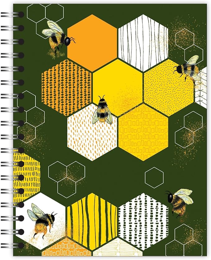Small Spiral Bound Recycled Notebook, Bees Design, 9.75" x 7.5", 70 Sheets, Double-Wire, College Ruled, Vegan, Made in USA