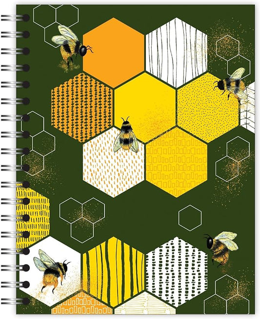 Small Spiral Bound Recycled Notebook, Bees Design, 9.75" x 7.5", 70 Sheets, Double-Wire, College Ruled, Vegan, Made in USA