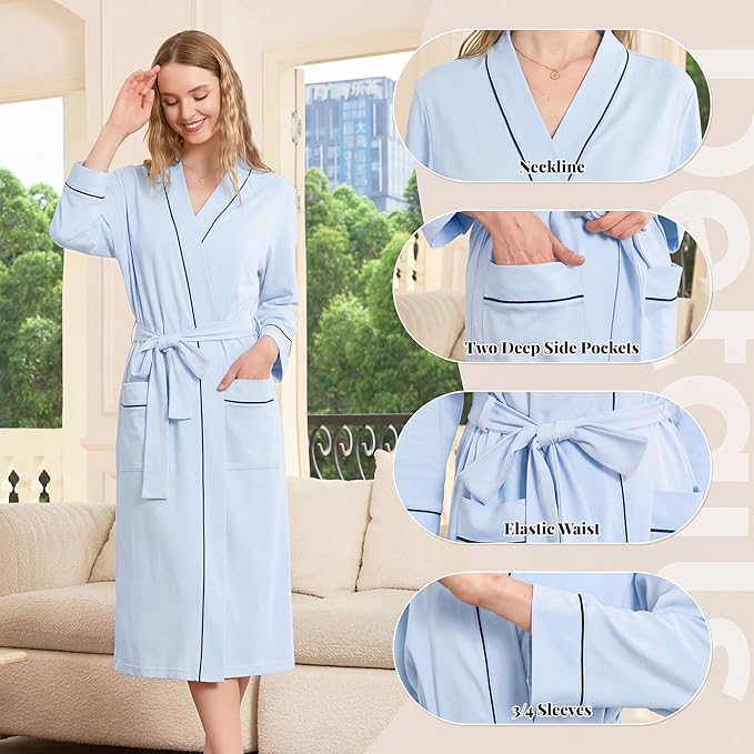 HEARTNICE Womens 100% Cotton Robe, Soft Kimono Spa Long Bathrobe Lightweight Loungewear