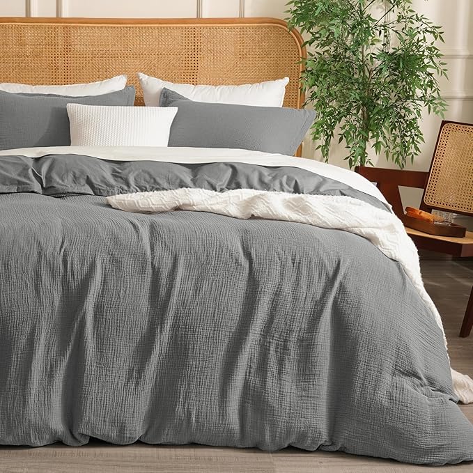 David's Home 100% Cotton Muslin Duvet Cover Set Twin Size,2 Pcs Ultra Soft Breathable & Lightweight Gauze Bedding Set with 1 Pillowcase,Textured Home Decor with Button, 68"×90" Dark Grey,No Insert