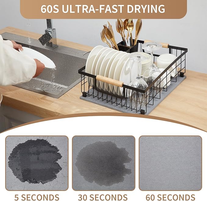 Dish Drying Rack with Stone Dish Drying Mat for Kitchen Counter, 16'' Lx 12''W Dish Drainer with Diatomaceous Earth Quick Dry Mat, Organization and Storage Essentials with Cup & Cutlery Holders