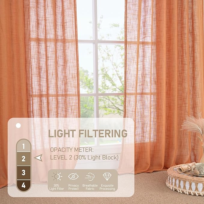 LAMIT Burnt Orange Semi Sheer Window Linen Curtains 63 Inch Length, Light Filtering Panels Back Tab and Rod Pocket Country Decor Drapes for Bedroom/Living Room, 2 Panels, 34 x 63 Inch