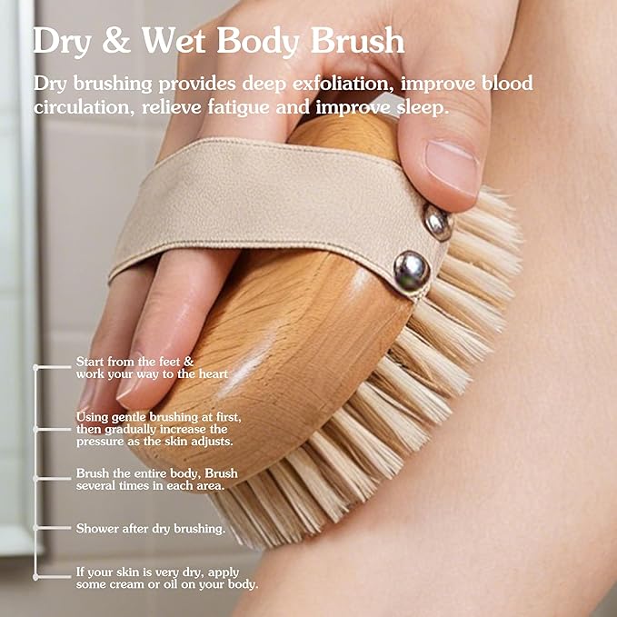 Round Dry Brushing Body Brush with Natural Boar Bristles for Cellulite Remover, Helps Lymphatic Drainage, Improve Circulation Exfoliation for Soft Skin, Body Scrub Deep Cleanse