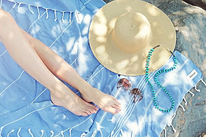 Bersuse Towels Anatolia XL Beach Blanket Throw Blanket Turkish Towel 100% Cotton Extra-Large Quick-Dry Lightweight Premium Peshtemal Towel - 61x82 Inches, Grey Blue (Set of 6)