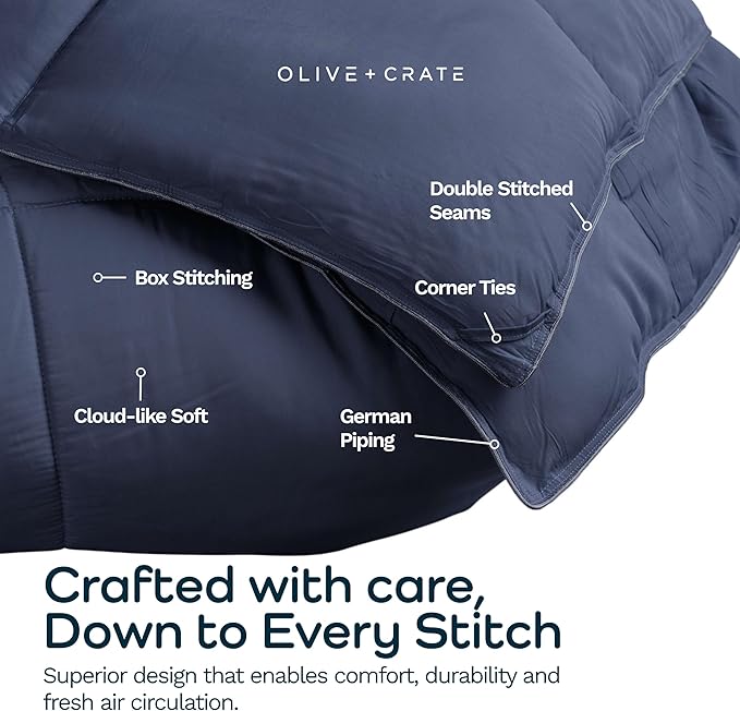 Olive + Crate Cooling Down Alternative Comforter - Hypoallergenic King Size Duvet Insert Lightweight - All Seasons Plush Design Bamboo Comforter - 100% Bamboo Viscose Outer Cover, French Navy 102"x90"