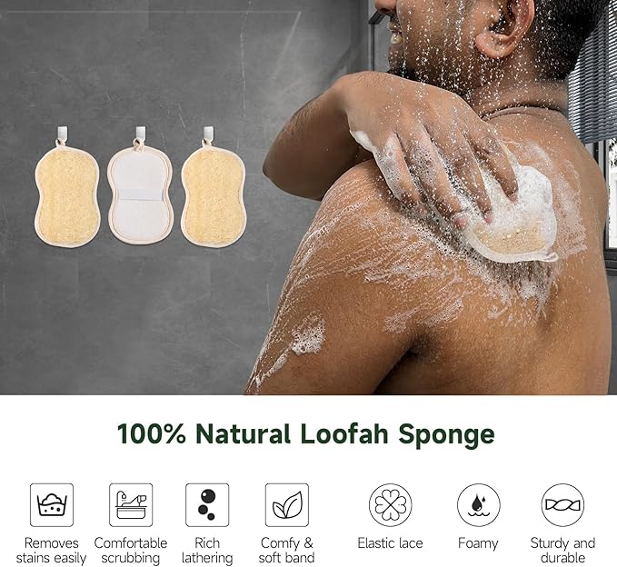 3 Pack Natural Loofah Exfoliating Body Scrubber, Biodegradable Bath Luffa Sponge, Loofas Body Scrub, Organic Loofah with Handle, Shower Loofah for Women