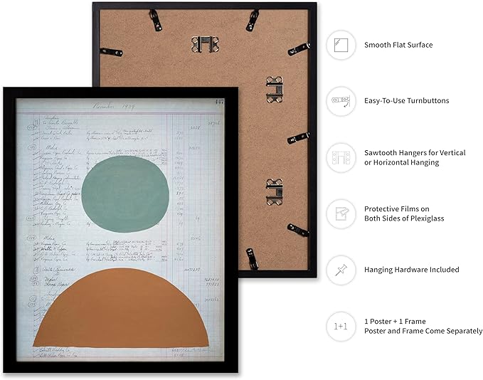 Monem Art Vintage Ledger Abstract Geometric Print - Modernist Teal and Ochre Art Poster - Wall Decor for Office, Living Room or Studio - 8x10 Black Framed Wall Art by Renee Stramel