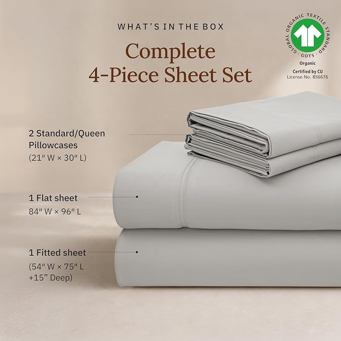 California Design Den 100% Organic Cotton Bed Sheets Full Size Set - Soft and Lightweight Sateen, Deep Pocket Full Sheets Sets, Durable Bedding - Light Grey
