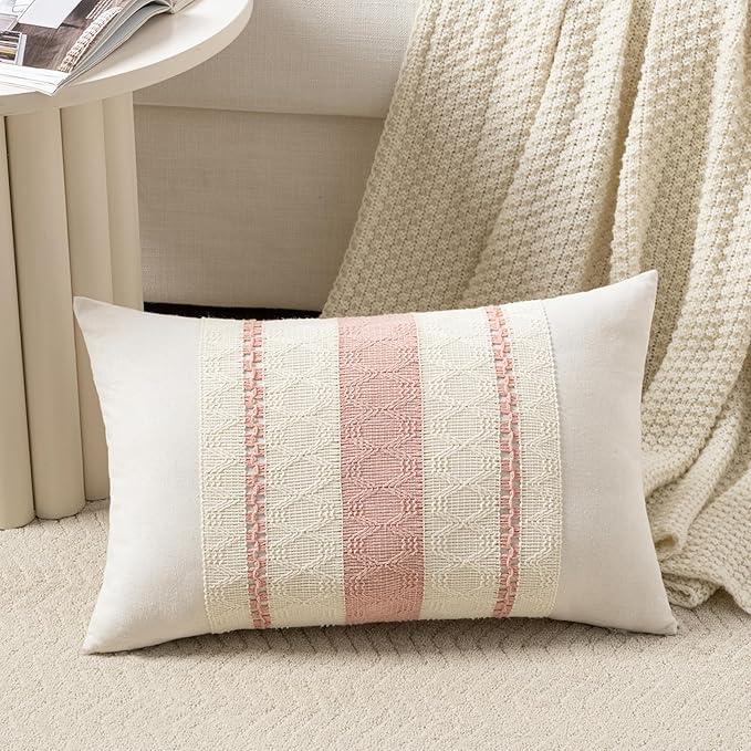 Fancy Homi Set of 2 Boho Pink Long Lumbar Decorative Throw Pillow Cover 16x24 Inch for Couch Bed Sofa Chair, Modern Organic Farmhouse Home Decor, Soft Cotton Cute Accent Rectangle Cushion Case