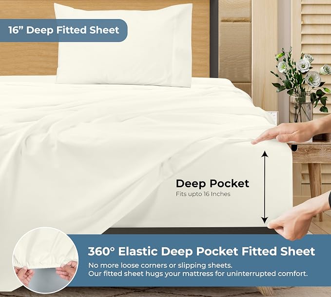 ROYALE LINENS 100% Organic Cotton Twin Sheet Set - Percale Weave - 3 Pieces Set - 1 Flat, 1 Deep Pocket Fitted Sheet and 1 Pillowcases - Ivory Bed Sheets - Sábanas Twin - Crisp Cool (Ivory)