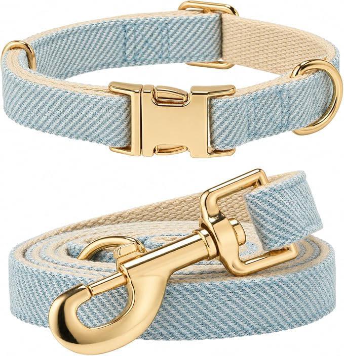 Herringbone Tweed Dog Collar and Leash Set for Medium Dogs, Light Blue | Snag-free, no-rub design. Soft breathable cotton, gentle on fur. Adjustable durable matching combo for walks & outdoors.