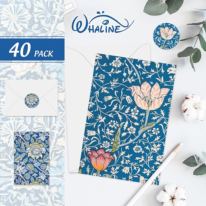 Whaline 40 Packs William Morris Greeting Cards with Envelopes Stickers Blue Vintage Floral Stationery Card Retro Flower Leaves Blank Note Cards for Wedding Birthday Baby Shower Thank You Supplies