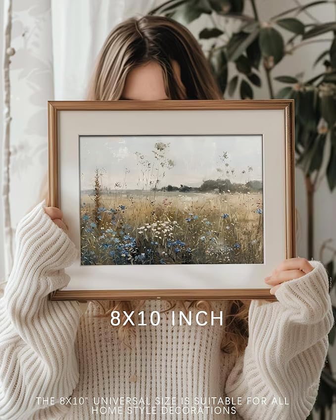 Vodefoad Wildflower Field Landscape Oil Painting, Vintage Spring Landscape Print, Cottagecore Landscape Wall Art, Retro Blue Wildflower Wall Art, Retro Botanical Art, Summer Spring Canvas Decor for Gallery Home Bedroom Farmhouse Bedroom - 8x10Inch Unframe