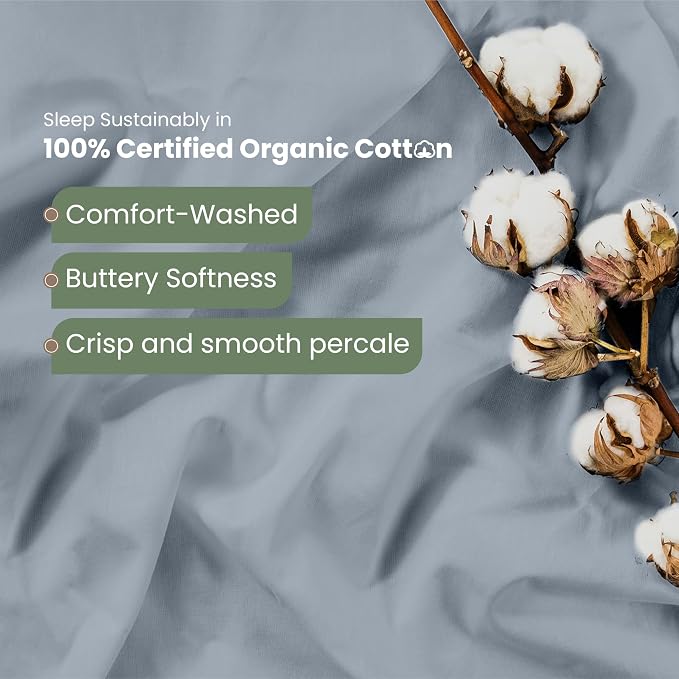 Martex EcoPure Queen Size Sheet Set, Blue | 100% Organic Cotton, Comfort Washed, Cooling, Deep Pocket, GOTS Certified