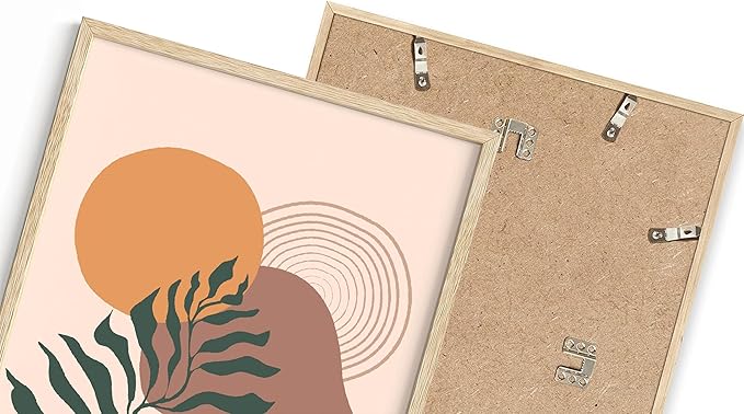 Boho Monstera Leaf Wall Art Abstract Sun Earth Tones Terracotta Mid Century Modern 11x14 Inch Oak Wood Beige Framed Minimalist Botanical Print for Living Room Office
