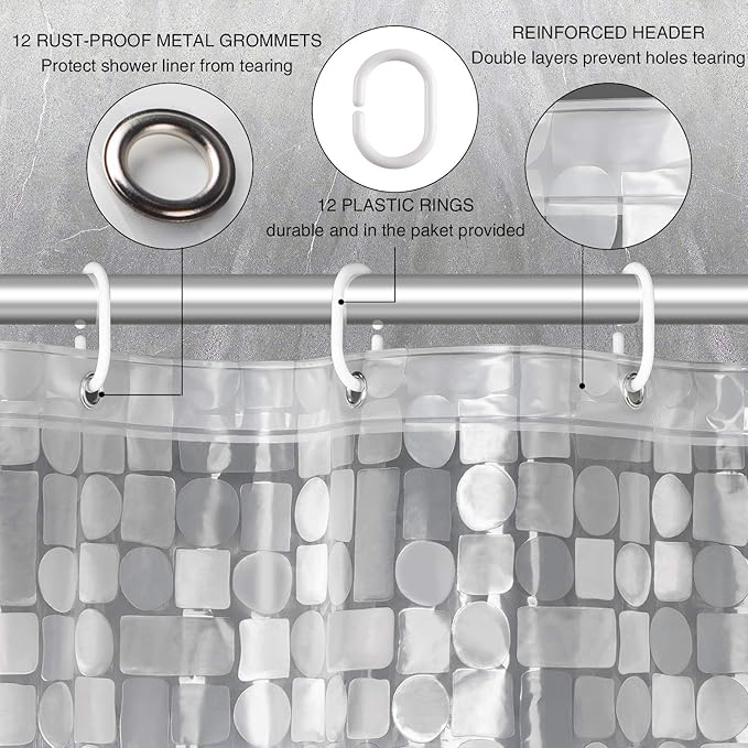 WELTRXE Shower Curtain Liner Waterproof, Clear 3D Geometric Patterns Heavy Duty Shower Liner with Magnets for Bathroom Shower Stall, Bathtubs, Thick Liner Without Chemical Smell, 72 x 72, 12 Hooks