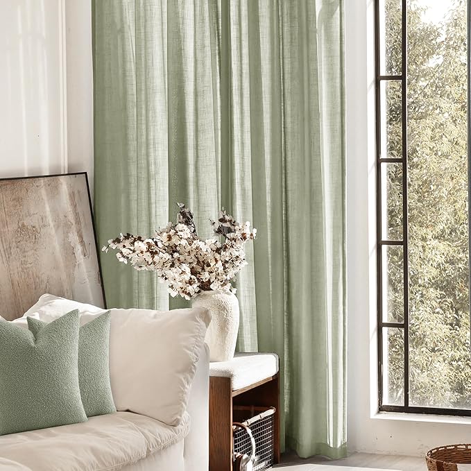 Linen Blend Sage Green Curtains 96 inch Length 2 Panels for Bedroom Back Tab Light Filtering Semi Sheer Drapes Linen Cotton Textured Light Green Airy Modern Farmhouse Living Room Sage Aesthetic Decor