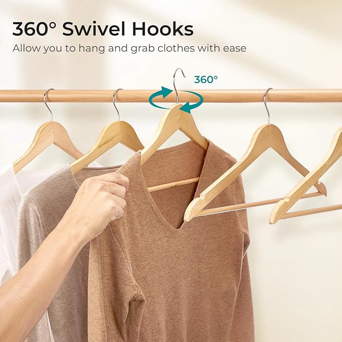 HOUSE DAY Premium Wooden Hangers 50 Pack - Heavy Duty & Durable Coat Hanger | Natural Wood Suit Hangers, 360° Swivel Hook & Pant Bar, Ideal for Jackets, Dresses, Shirts, Perfect for Closet Organization