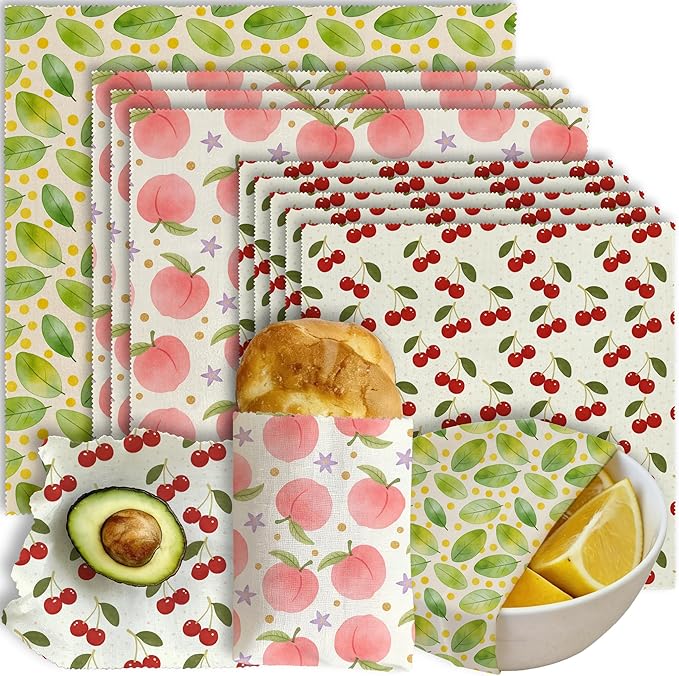 Reusable Beeswax Wraps, 9 Pack Eco-Friendly Food Storage, Organic, Sustainable, Zero Waste, Plastic-Free, For Sandwiches, Bread & Bowls, 1XL, 3M, 5S, Peach Cherry Leaves Patterns