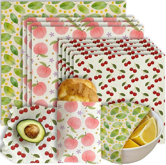 Reusable Beeswax Wraps, 9 Pack Eco-Friendly Food Storage, Organic, Sustainable, Zero Waste, Plastic-Free, For Sandwiches, Bread & Bowls, 1XL, 3M, 5S, Peach Cherry Leaves Patterns