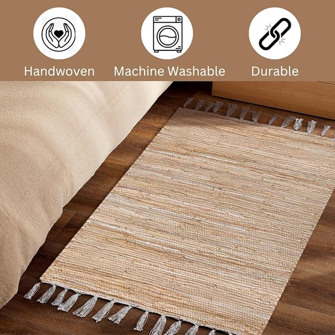 Cotton Chindi Rug - Boho Rustic Area Accent Throw Rug - Area Floor Carpet for Bedroom Living Room Kitchen Dorm Entryway Hallway - 20x32 inch Hand Woven Reversible Area Rug Beige Multi