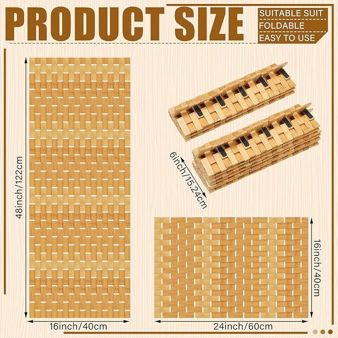 Barydat 2 Pcs Bathroom Bamboo Bath Mat Set Long Large Bathtub Non Slip Bamboo Shower Mat Floor Wooden Rug Waterproof Bathmat for Bathroom Accessory Spa Kitchen Outdoor, 16 x 48 Inch and 16 x 24 Inch
