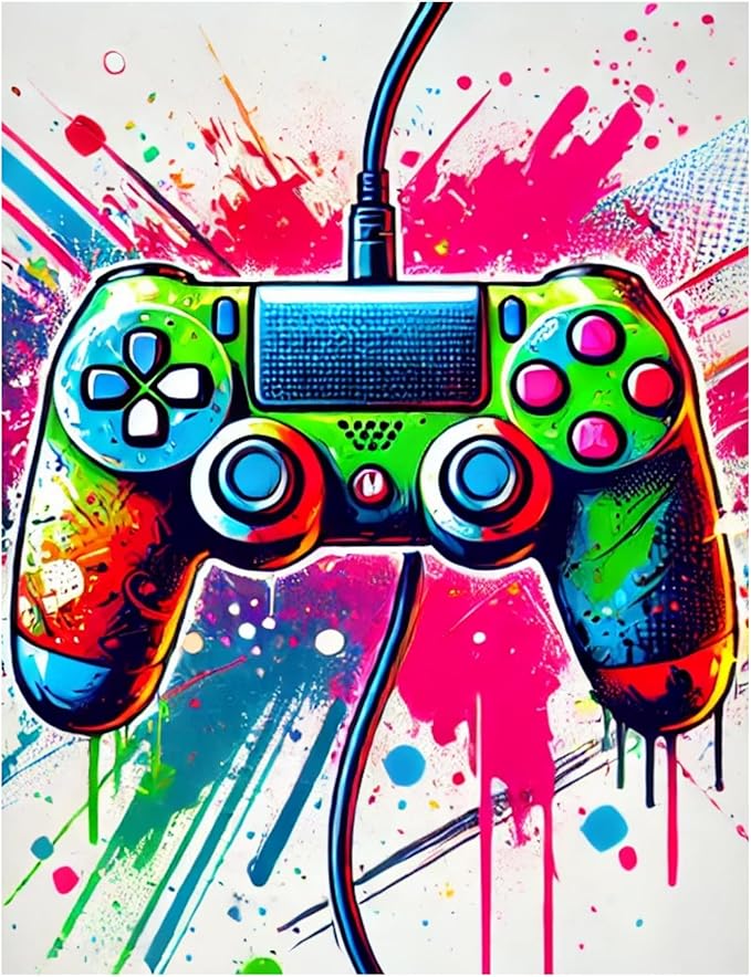 InkFlow Posters Vibrant Gaming Controller Poster - Abstract Graffiti Art with Colorful Paint Splashes - Fun Wall Decor for Bedroom, Office, Game Room - 18x24 Unframed Canvas Print