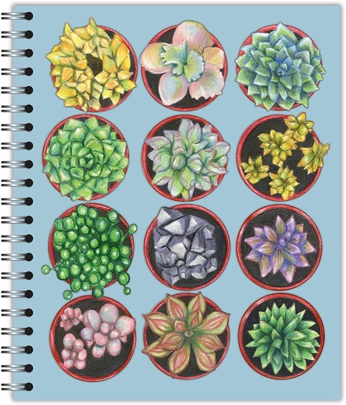Large Spiral Bound Recycled Notebook, Succulents Design, 11" x 9", 70 Sheets, Double-Wire, College Ruled, Vegan, Made in USA