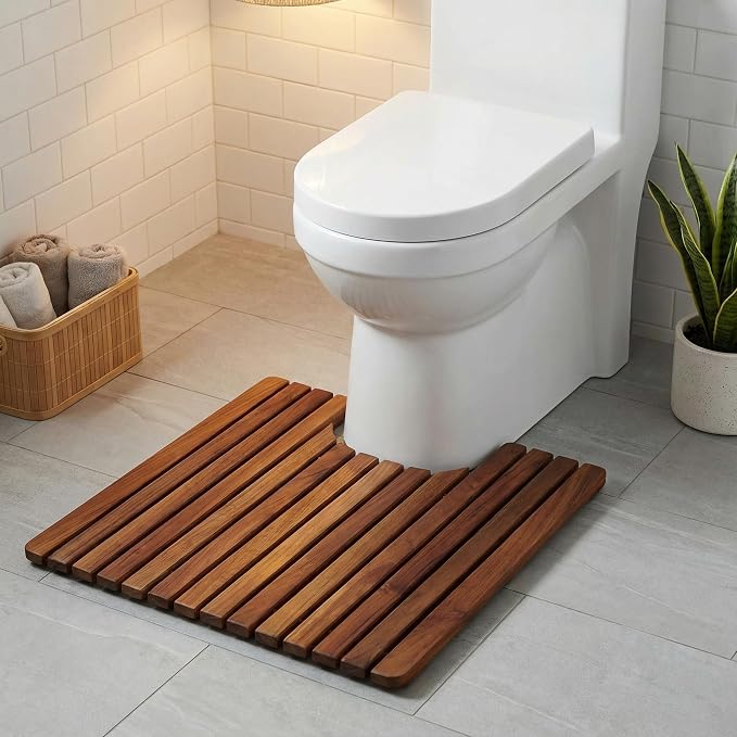 Bare Decor Peter Genuine Solid Teak Wood Toilet Mat, 20x20