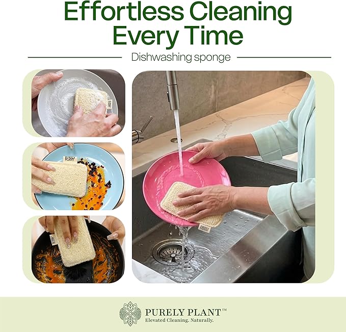 Purely Plant Loofah Dish Sponge 6 Pack–Non Toxic, 100% Plastic Free, Compostable & Biodegradable Premium Kitchen Scrubber, Plant Based, Non-Scratch Scouring Pad for Sink, Tile & Grout Cleaning Luffa