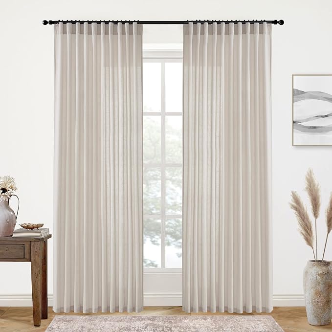 XTMYI 70 Inches Wide Country Curtains for Living Room,Sheer Linen Shabby Chic Curtains for Bedroom Oatmeal 108 Inches Long