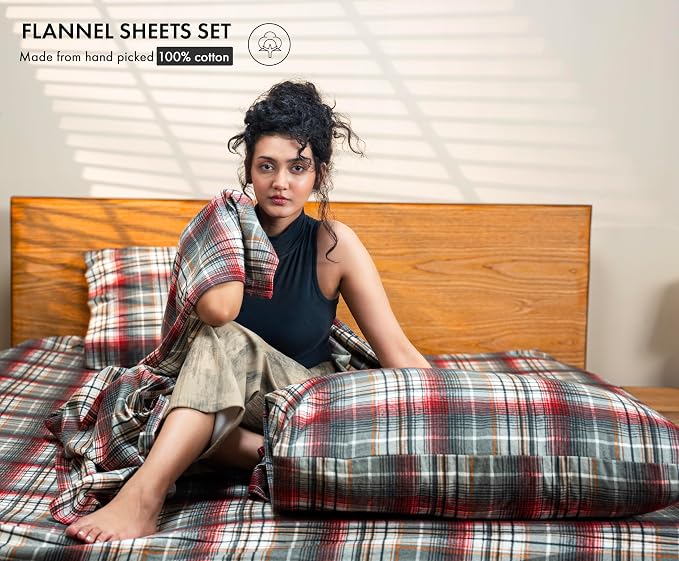 RUVANTI Flannel Sheets Twin XL Size - 100% Cotton Double Brushed Twin XL Sheet Sets, Deep Pockets 16 Inches, All Seasons Breathable & Extra Soft Bed Sheets, Warm & Cozy, 3 Piece, Halloween Check
