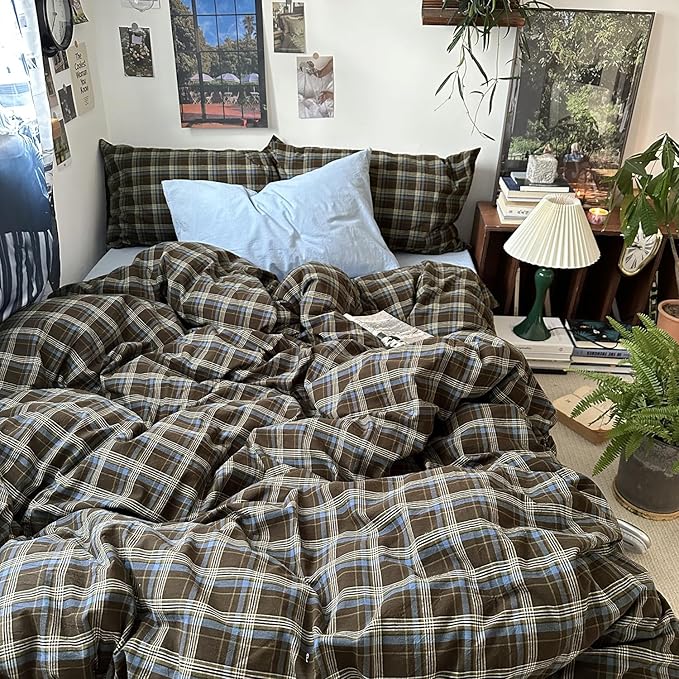 mixinni Vintage Brown & Blue Buffalo Plaid Duvet Cover Set Twin Size - 3 Piece Washed Cotton Bedding Set with Grid Pattern, Soft & Breathable Duvet Cover with Pillowcases for All Seasons