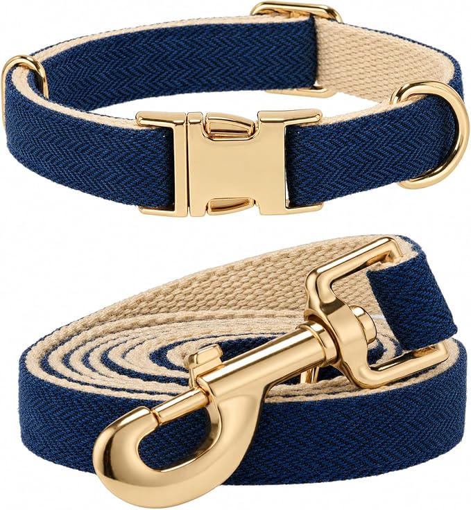 Herringbone Tweed Dog Collar and Leash Set for Medium Dogs, Navy Blue | Snag-free, no-rub design. Soft breathable cotton, gentle on fur. Adjustable durable matching combo for walks & outdoors.