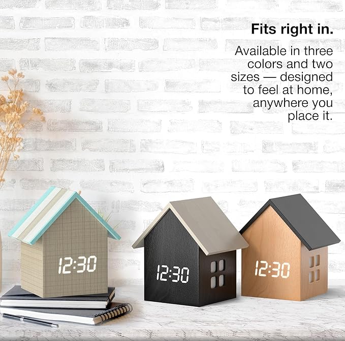 Driini Digital House-Shaped Alarm Clock with Temperature Display (Light Wood) – Modern Aesthetic - Cute Cube Frame and White LED Dimmer - Perfect Small Desk Clock for Bedside Table or Bedroom Mantle