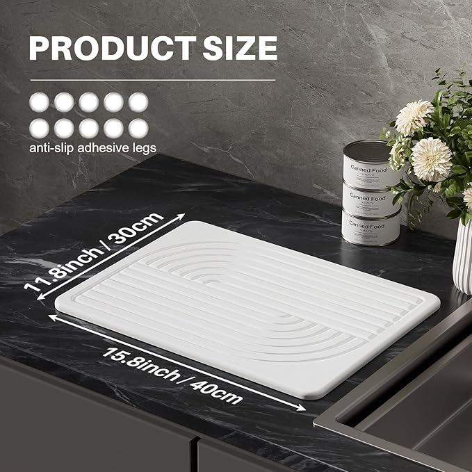Stone Dish Drying Mat for Kitchen Counter Diatomaceous Earth Drying Mat, 15.8"x11.8" Super Absorbent Drying Stone, Quick Dry, Heat Resistant, Odorless (White)