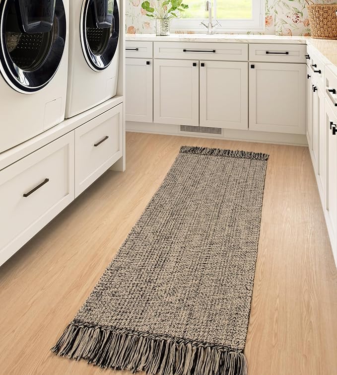 Collive Hallway Runner Rug, 2x5 Washable Natural/Black Modern Entryway Runner Rug Hand-Woven Cotton Boho Kitchen Runner Rugs for Bedroom Laundry Room Rug Front Door Farmhouse Bathroom Rug Outdoor