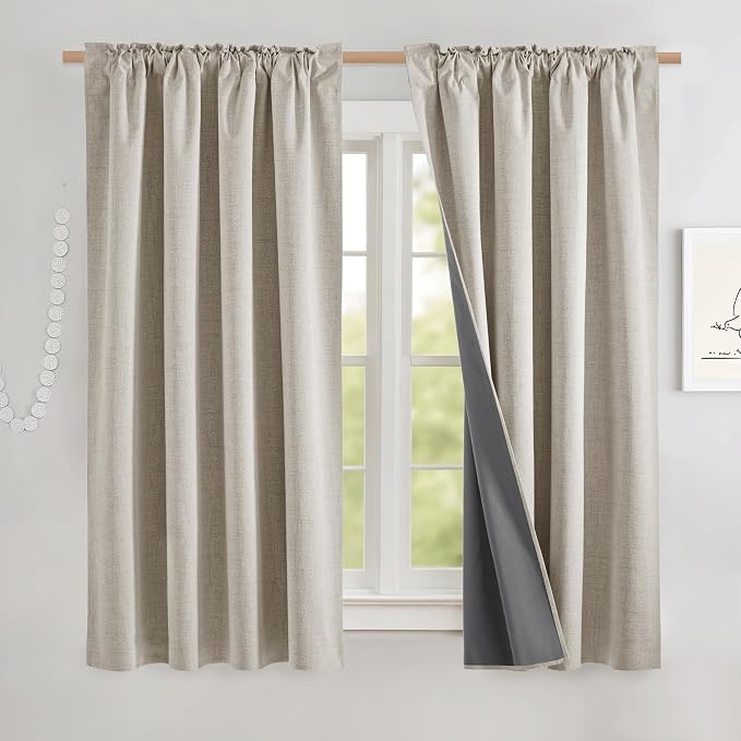 NICETOWN Natural Linen 100% Blackout Short Curtains 48 inches, Thermal Insulated & Noise Reducing Window Draperies with Grey Liner, Short Drapes for Cafe Bar (52" W by 48" L, 2 Panels)